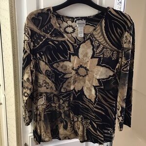 Chico's Women's Top - Black and Tan Floral Design